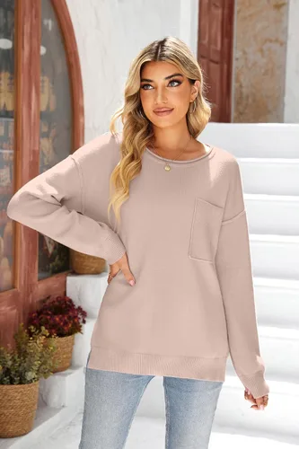 Vista 2 de Imysty Suéteres para mujer, cuello redondo, manga larga, abertura lateral, casual, suéter de punto