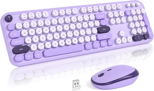 Vista 32 de MOFII Combo de teclado y mouse inalámbricos, teclado retro de máquina de escribir de 2.4 GHz, tamaño completo, lindos ratones inalámbricos, dongle