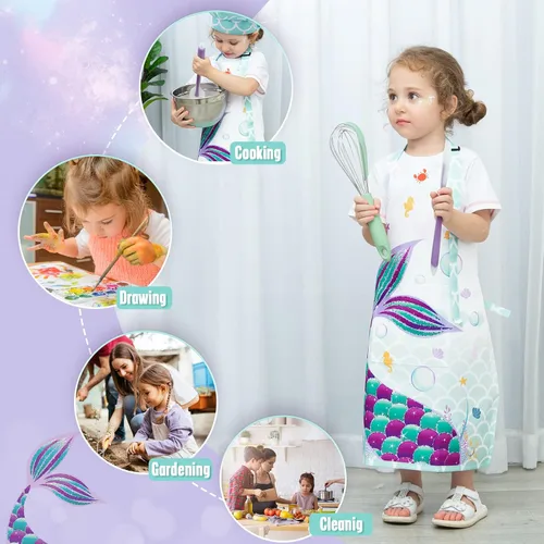Vista 4 de Kids Apron Set with Pocket Adjustable Strap Baby Toddler Bib Apron