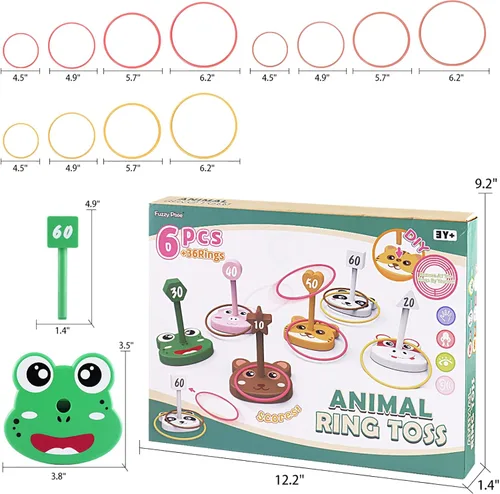 Vista 6 de Juego de juguetes de lanzamiento de anillos de animales para niños, 6 soportes y 36 anillos, para interiores y exteriores, fiesta, patio, actividad
