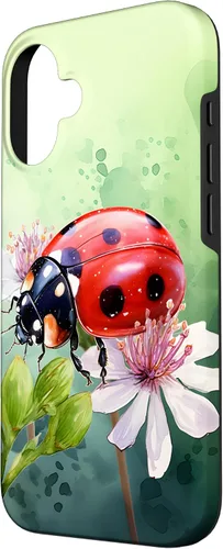 Vista 2 de Funda para iPhone 16 con diseño de mariquita en flores, color verde