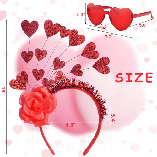 Vista 2 de Uderwarb Diadema de corazón y lentes de sol de corazón con corazones rojos con antena para el día de San Valentín
