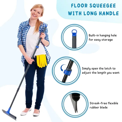 Vista 2 de Escurridor de Piso con Mango Telescópico Largo de 59'', Escoba de Goma Resistente de 18" para Hormigón, Azulejos de Baño, Garaje, Terraza