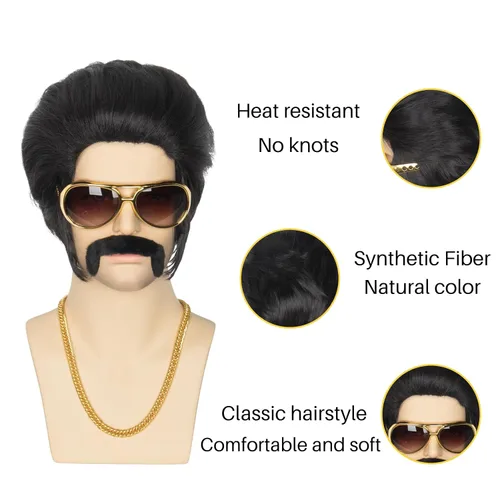 Vista 6 de Yan Dream Peluca de hombre de los años 50 y 60, peluca corta negra con patillas, disfraz de cosplay, peluca de fiesta con gafas, collar, bigote