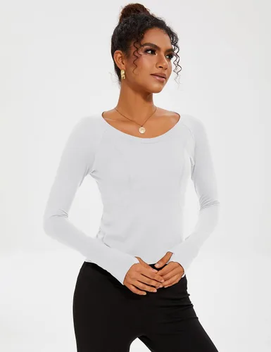 Vista 2 de LUYAA Camisetas cortas de entrenamiento para mujer, de manga larga, para gimnasio, atlética, de compresión, ajustadas, básicas