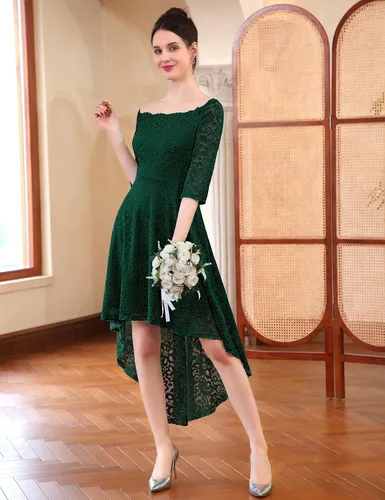 Vista 2 de Dressystar - Vestido de encaje para mujer, vestido asimétrico con vuelo y hombros descubiertos ideal para cóctel, dama de honor, fiesta formal