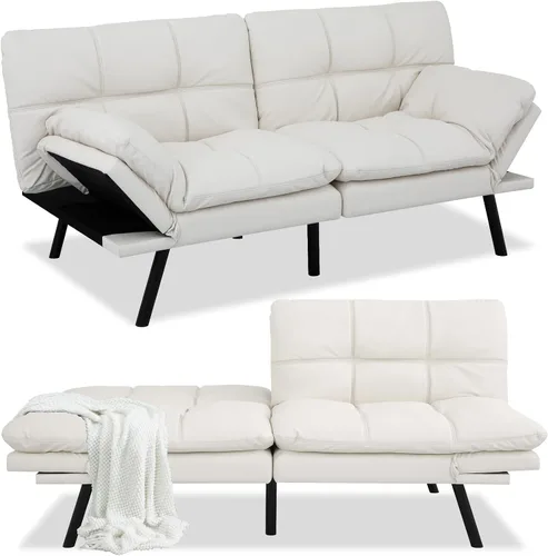 Vista 10 de Futón convertible de piel sintética negra, sofá cama plegable de espuma viscoelástica, sofá biplaza ajustable, futón para sala de estar