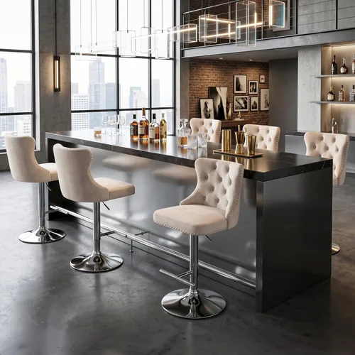 Vista 307 de SoarFlash Juego de 2 taburetes de bar tapizados de terciopelo moderno con patas de madera, botones acolchados, cabeza de clavo cromada, asiento