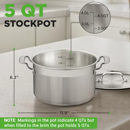 Vista 2 de NutriChef - Olla grande de acero inoxidable de 5 cuartos con tapa - 18/8 Grado alimenticio resistente, olla grande de acero inoxidable