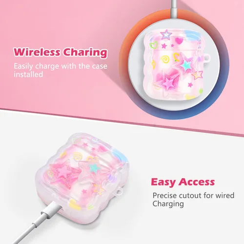 Vista 3 de Bonita funda para AirPods con colgante de amor, llavero de cuentas redondas coloridas, diseño de estrellas 3D con purpurina, funda protectora suave