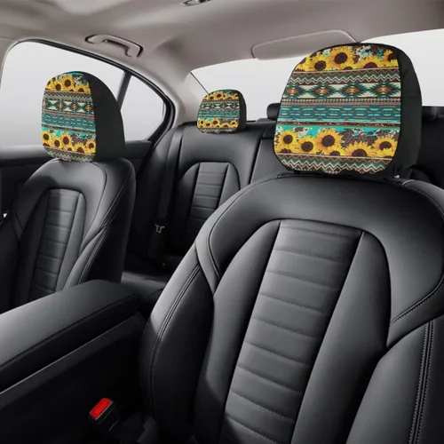 Vista 3 de Funda universal para reposacabezas de auto con estampado de vaca azteca, girasol, 2 piezas, funda universal para reposacabezas de asiento