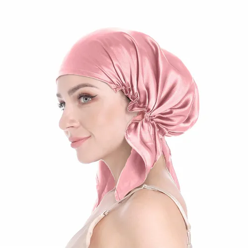 Vista 12 de SissiLita Gorro de seda 100% para dormir, gorro de seda grande con banda de amarre para el cuidado del cabello rizado (azul)