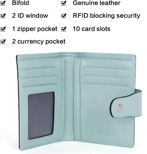 Vista 5 de BOSTANTEN Cartera de piel para mujer, con bloqueo RFID, pequeña, plegable, con bolsillo con cremallera, tarjetero, con ventana de identificación