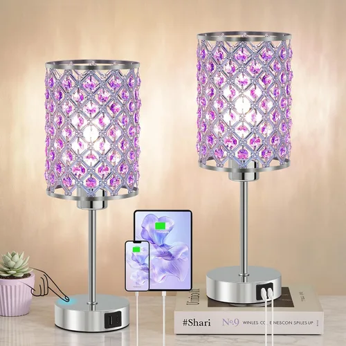 Vista 20 de Lámpara de mesa de cristal, lámpara táctil púrpura con puerto USB C+A Púrpura-1