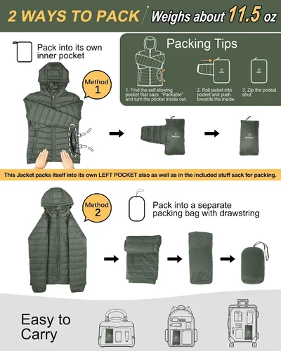 Vista 2 de Outdoor Ventures Chaqueta Puffer Ligera Empacable para Mujer con Cremallera Completa y Capucha, Abrigo de Invierno Acolchado Verde militar