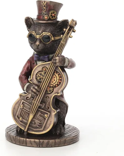 Vista 5 de Veronese Design Figura de animal de resina de 5 1/4 pulgadas de alto Steampunk Cat Funky Fresh Jazz Bass Musician Resin Animal Acabado Bronce