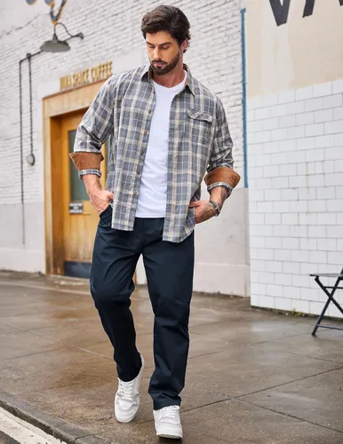 Vista 2 de COOFANDY Pantalones casuales con cordón para hombre, ajuste regular, cintura elástica, algodón básico, pierna recta, pantalones cargo