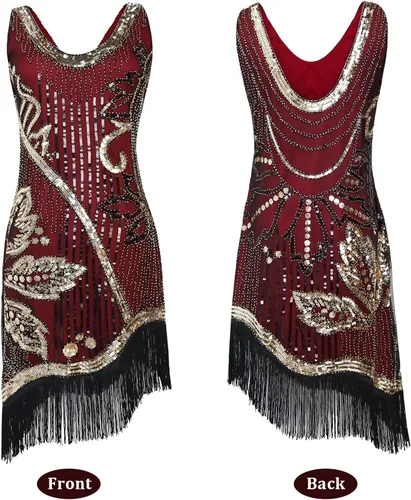 Vista 5 de Vestido flapper de los años 20, cuello en V, lentejuelas y flecos, disfraces de los años 20 para mujer, vestido vintage Art Deco con accesorios