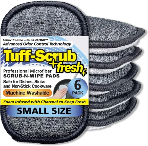 Vista 7 de Fresh Scrub-N-Wipe Pad de Tuff-Scrub, paquete de 6, espuma antimicrobiana y de carbón para control de olores, microfibra, multisuperficie