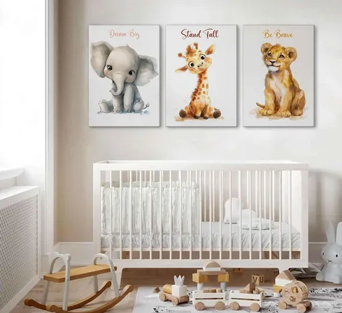 Vista 3 de 3 piezas de lienzo de safari para guardería, arte de pared para niños, lindo animal inspirador, león, jirafa, elefante, pintura, imagen, decoración
