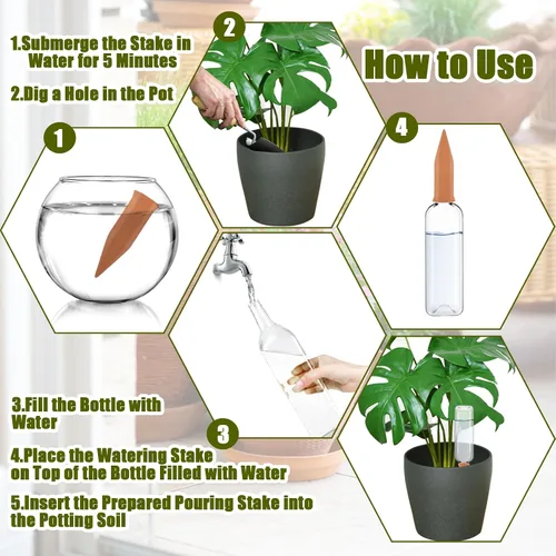 Vista 5 de 8 dispositivos de riego de plantas de terracota con picos de riego automático para plantas y botellas de plástico, picos de riego automático