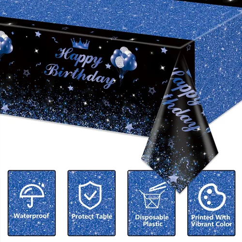 Vista 7 de 4 manteles de fiesta de feliz cumpleaños, color negro y azul, decoración de fiesta de color azul y negro, mantel rectangular de plástico para niños