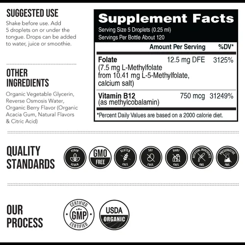 Vista 6 de Metilfolato orgánico L 7.5 mg más metil B12 Cofactor – Metabólicamente activo 5-MTHF, forma superior de folato – Sabor a bayas orgánicas