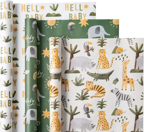 Vista 15 de WRAPAHOLIC Papel de regalo de oso para baby shower, mini rollo, 3 rollos, 17 x 120 pulgadas, diseño de oso de aventura en avión y fiesta para baby