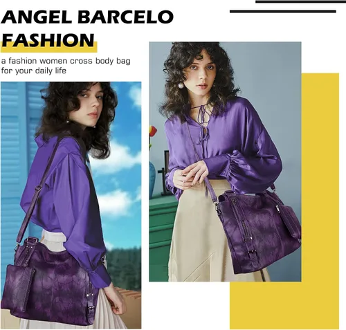 Vista 7 de Angel Barcelo - Bolsa de mano grande de piel suave con correa para el hombro para mujer