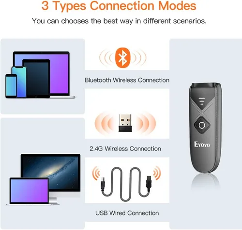 Vista 3 de Eyoyo Mini 2D QR 1D Bluetooth escáner de código de barras y escáner de código QR Bluetooth, clip trasero inalámbrico 2D