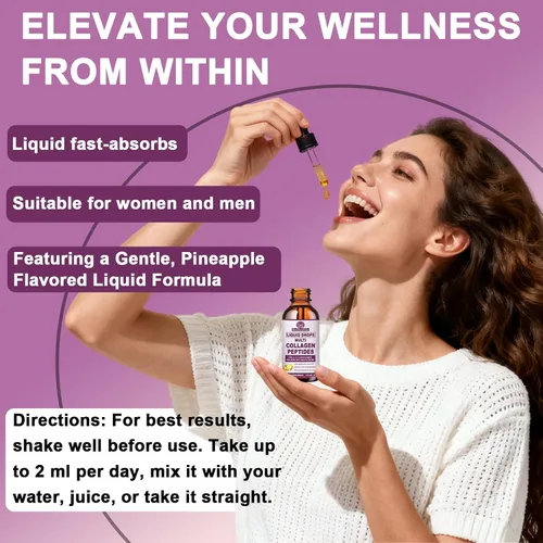 Vista 5 de Gotas líquidas de péptidos de colágeno múltiple, 2 oz – Tipos I, II, III, V, X, Complejo de colágeno hidrolizado para cabello, piel, uñas, huesos