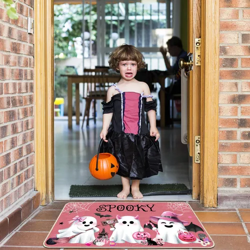 Vista 2 de Felpudo de fantasma rosa de Halloween, tapete antideslizante para puerta