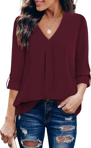 Vista 13 de Youtalia Blusas para mujer, elegantes, informales, de negocios, manga 3/4, de gasa, cuello en V, camisas de trabajo y oficina