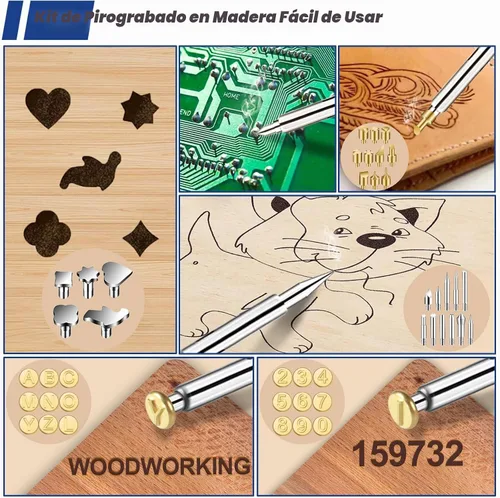 Vista 6 de Kit de Combustión de Madera, 163 Piezas de Herramienta de Quemador de Madera con Letras y Números, Pluma de Pirografía con Control de Temperatura
