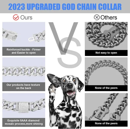 Vista 6 de Collar cubano de cadena para perro, collar de metal plateado para caminar con hebilla segura, collar de cristal cubano para mascotas, accesorios