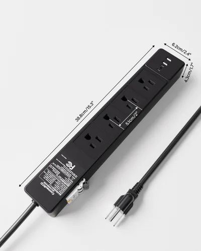 Vista 8 de GFCI - Regleta de alimentación con 4 salidas y 4 puertos USB (2 USB-C), cable de extensión resistente protegido contra sobretensiones de 6 pies Negro