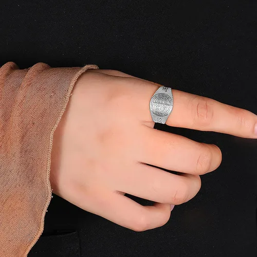 Vista 6 de JAJAFOOK Anillo de Jesús San Benito de acero inoxidable con apertura ajustable, joyería religiosa católica