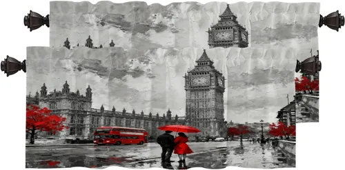 Vista 74 de Cortinas opacas de cocina con pintura al óleo de Europa rosa y negra para ventanas, cenefas opacas modernas de torre Eiffel de poliéster multicapa