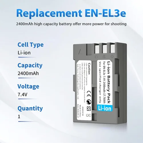 Vista 2 de LP EN-EL3e, EL3, EL3a Batería de 2600 mAh Compatible con Nikon D700, D300s, D300, D200, D100, D90, D80, D70S, D70, D50, MH-18, MH18a, MH-19, Una