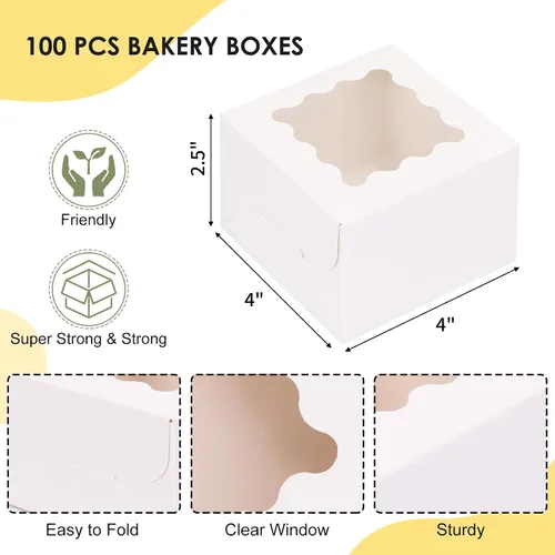 Vista 2 de TOMNK 100pcs White Small Cake Boxes with Window, 4x4x2.5 Inch Small Cookie Boxes with Window, Bakery Boxes for Small Cake, Treats, Donuts, Candy