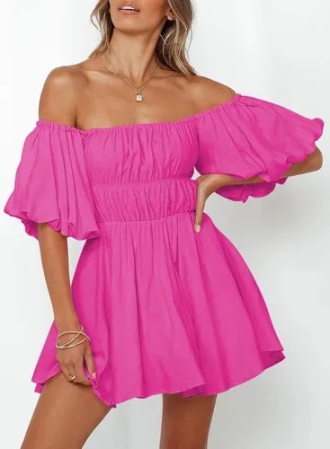 Vista 5 de Dokotoo Vestidos de verano para mujer, con hombros descubiertos, manga corta farol, con volantes, cintura elástica, acampanado, minivestido casual