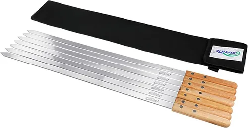 Vista 7 de Goutime Kabob - Brochetas de 23 pulgadas de largo, 1 pulgada de ancho de acero inoxidable para asar a la parrilla con mango de madera para hacer