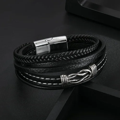 Vista 2 de Pulsera de cuero con nudo para hombre, estilo vintage, elegante, acero inoxidable 316L, infinito, joyería elegante y genial para hombres, padre