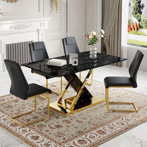 Vista 32 de Juego de mesa de comedor de mármol para mesa rectangular blanca de 6.63 pulgadas con marco de metal plateado en forma de X y 6 sillas de comedor