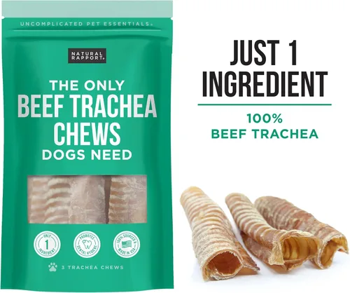 Vista 2 de Natural Rapport Golosinas para perros con tráquea de ternera, los únicos masticables de tráquea de carne de res que los perros necesitan, golosinas