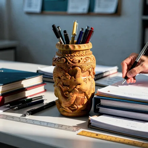 Vista 4 de Craft Trade Soporte para bolígrafo de madera tallada a mano para organizador de escritorio para suministros de oficina en el hogar, escuela, caja