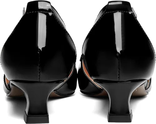 Vista 4 de ROSERWISH Zapatos de vestir de tacón bajo con hebilla de moda para mujer, para boda, fiesta, puntiaguda, patente, gatito, zapatos de vestir de 1.5