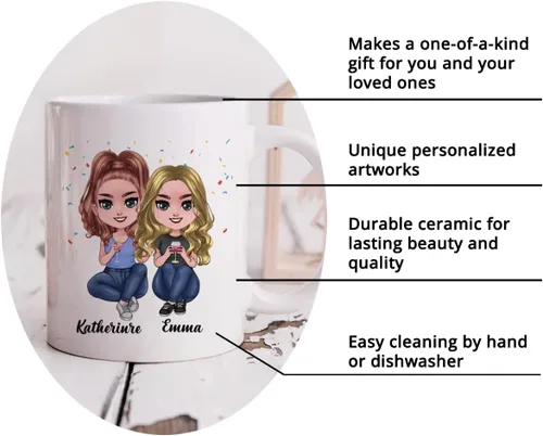 Vista 5 de Gossby Taza de café personalizada de la amistad, regalo personalizado Besites para mujeres con diseño de muñeca, nombre, cita – cumpleaños, Navidad