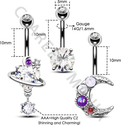 Vista 3 de CM Crareesi Mania Paquete de anillos para el ombligo de 14 G, 3 piezas de piercings brillantes para el ombligo para mujer, de acero quirúrgico 316L