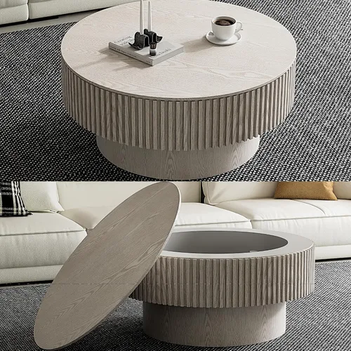 Vista 23 de Mesa de centro redonda de madera de 31.49 pulgadas con almacenamiento, mesa de centro circular acanalada de 2 niveles con tapa y estante para sala